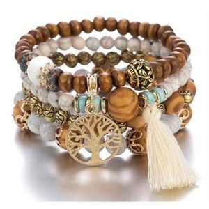 NWT 4 PC Multilayered Brown Wooden Boho
Round Beaded Bracelet Jewelry Set